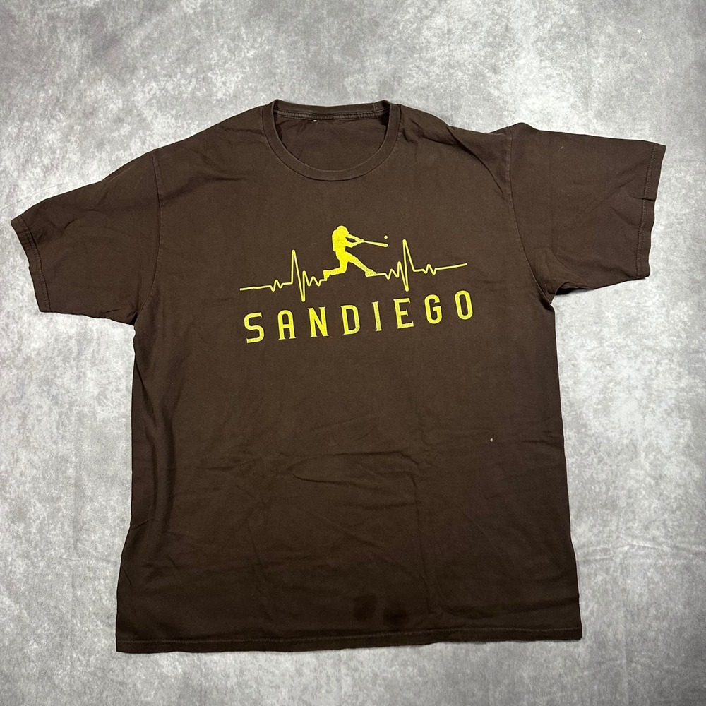 San Diego Baseball Heartbeat Graphic T-Shirt Mens XL Brown Yellow Fan Tee Retro